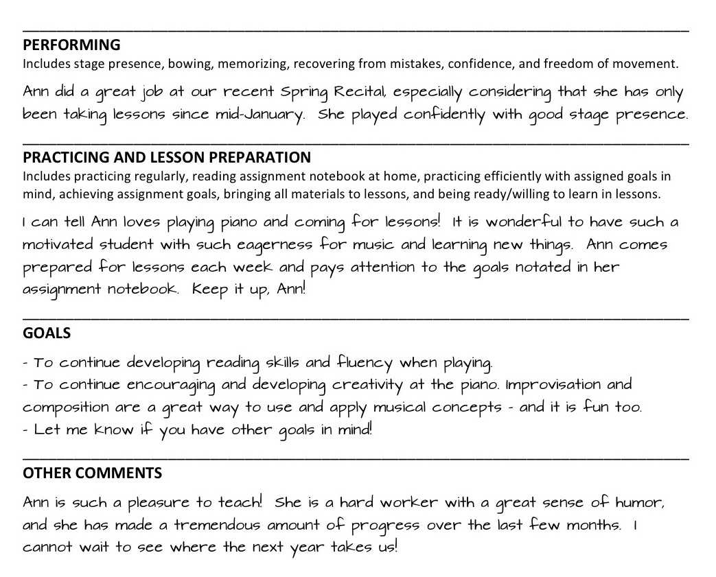 Piano Student End Of The Year Evaluations – Color In My Piano Throughout Pupil Report Template