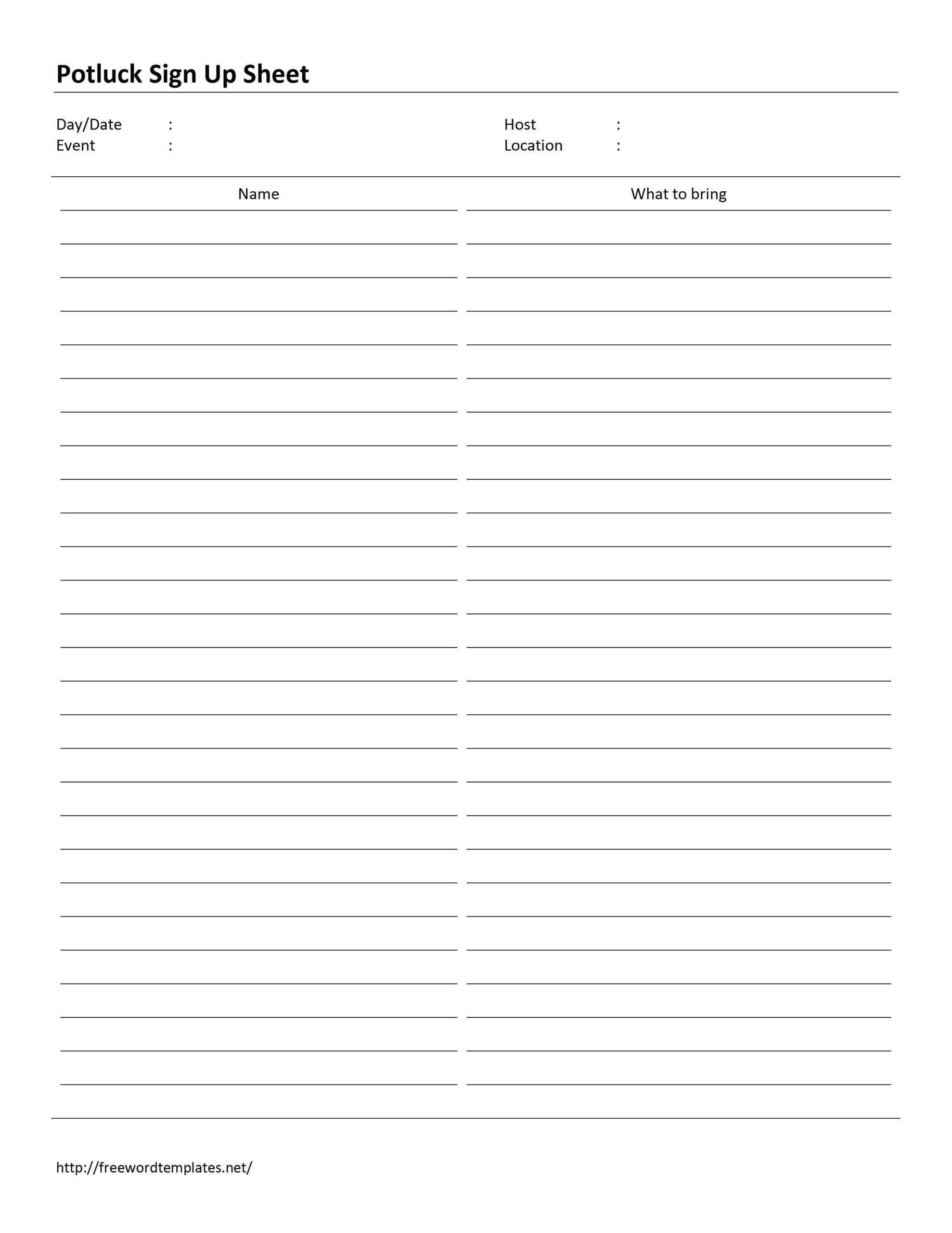 Potluck Sign Up Sheet Template Throughout Free Sign Up Sheet Template Word