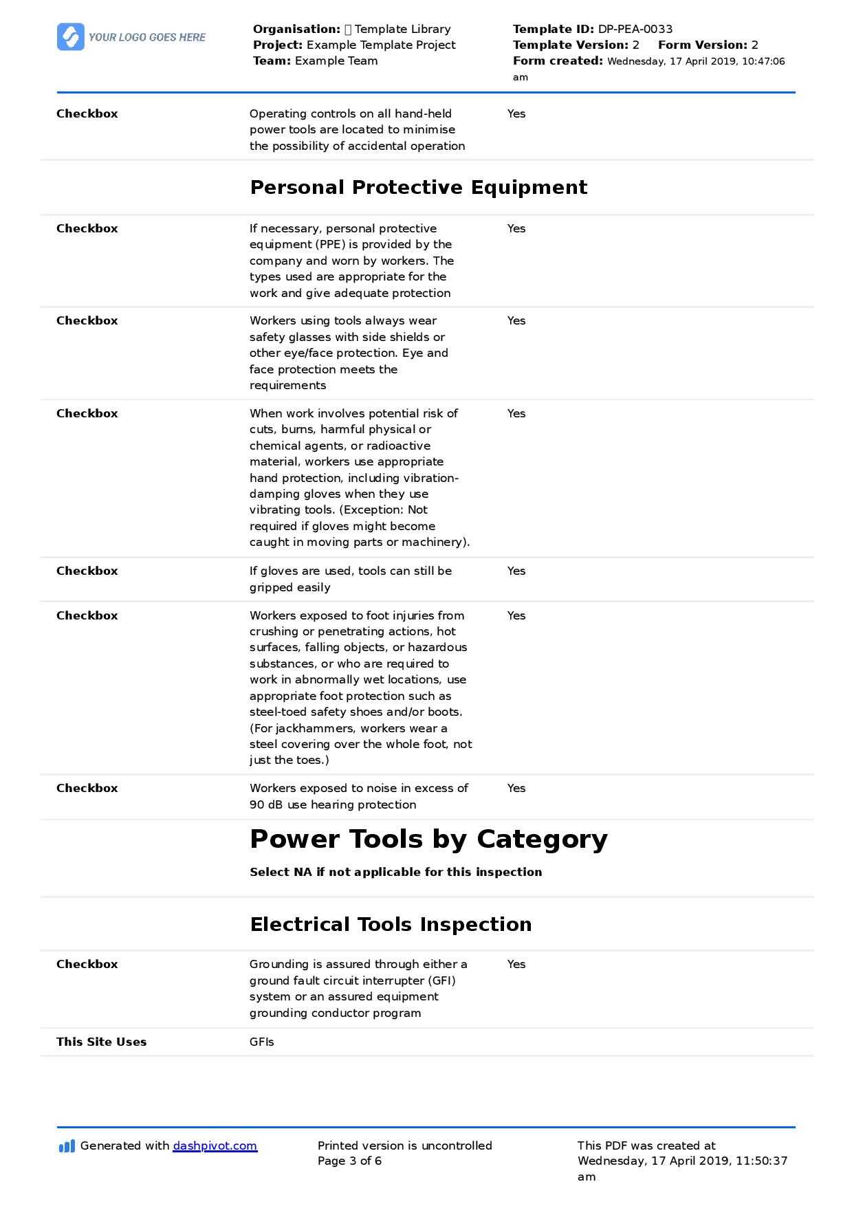 Power Tool Inspection Checklist Template (Free And Edtaible Regarding Equipment Fault Report Template