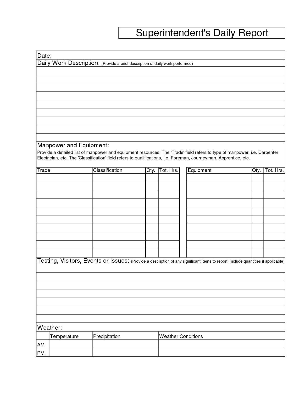 Printable Blank Superintendents Daily Report Sample And Pertaining To Construction Daily Report Template Free