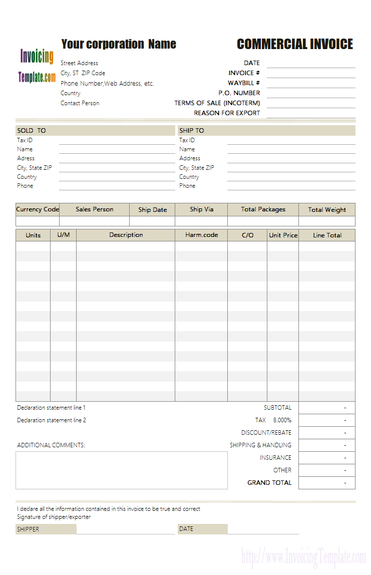 Proforma Invoice Template Intended For Commercial Invoice Template Word Doc