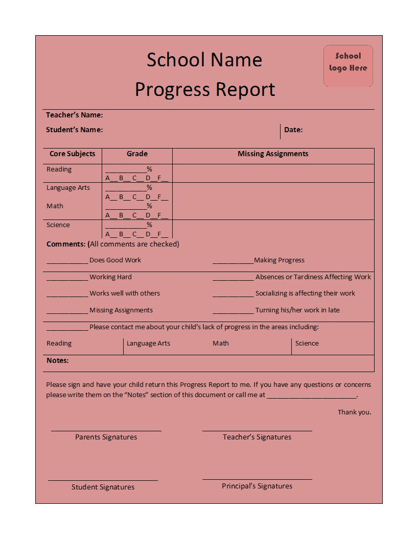 Progress Report Template For School Progress Report Template
