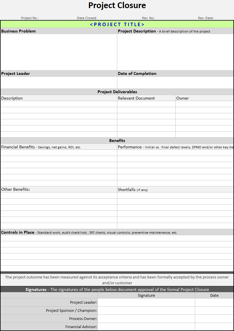 Project Closure Template | Continuous Improvement Toolkit Intended For Closure Report Template