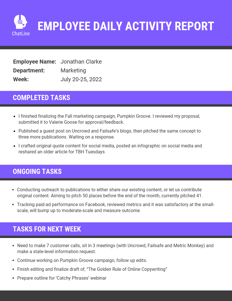 Purple Employee Daily Activity Report Template For State Report Template