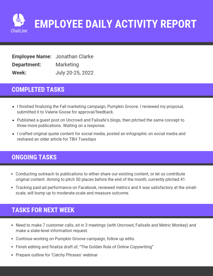 Purple Employee Daily Activity Report Template With Regard To Employee Daily Report Template