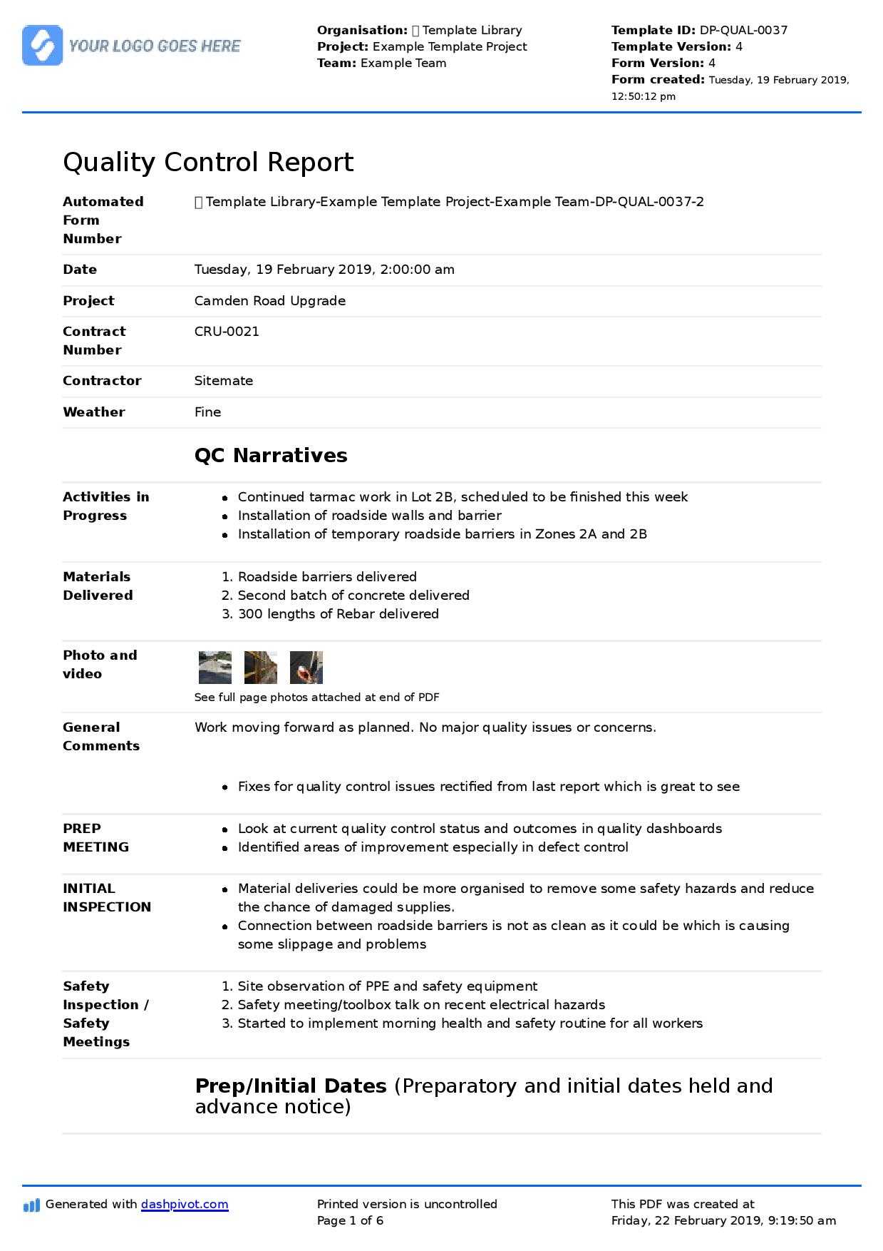 Qa Qc Report Template And Sample With Customisable Format For Report Content Page Template