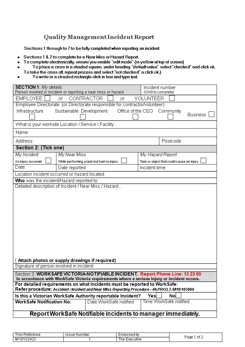 Quality Management Incident Report | Templates At Inside Hazard Incident Report Form Template