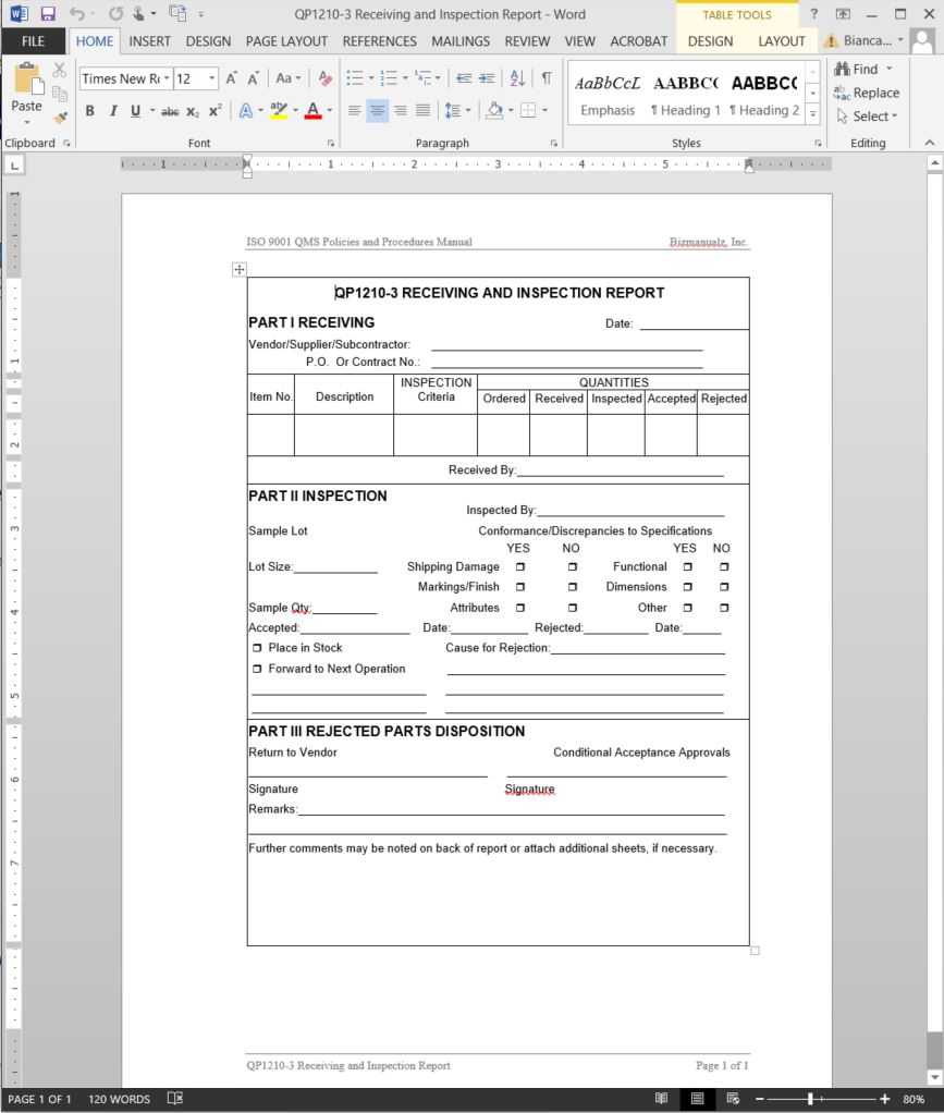Receiving Inspection Report Iso Template | Qp1210 3 With Part Inspection Report Template