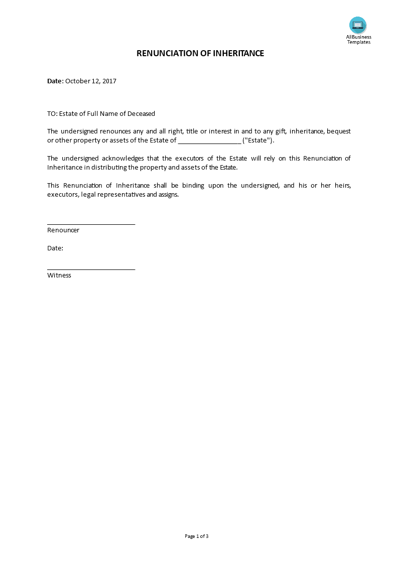 Renunciation Of Inheritance | Templates At Inside Blank Legal Document Template