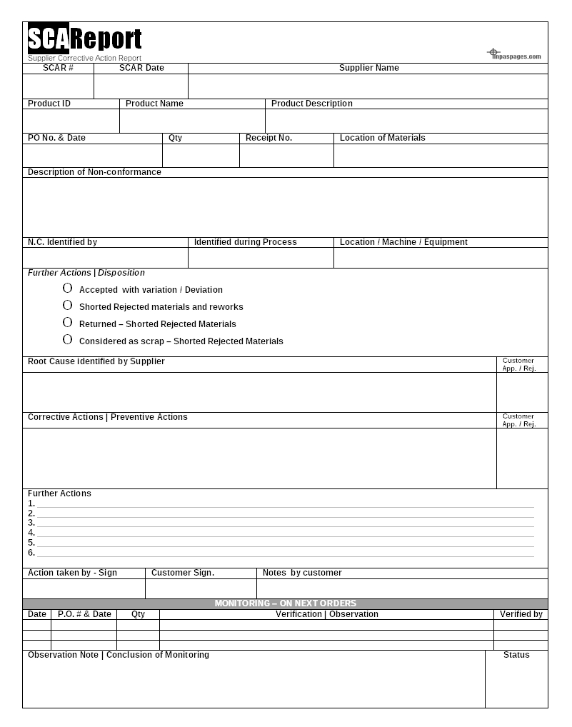 Scar (Supplier Corrective Action Report) – Capa – Inside Deviation Report Template