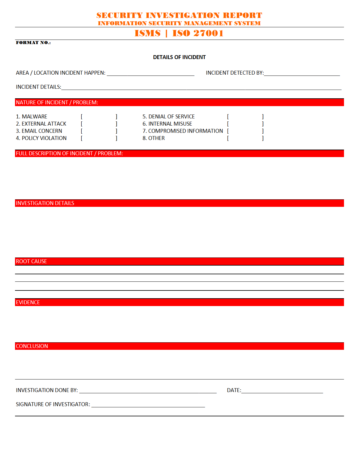 Security Investigation Report – With Failure Investigation Report Template