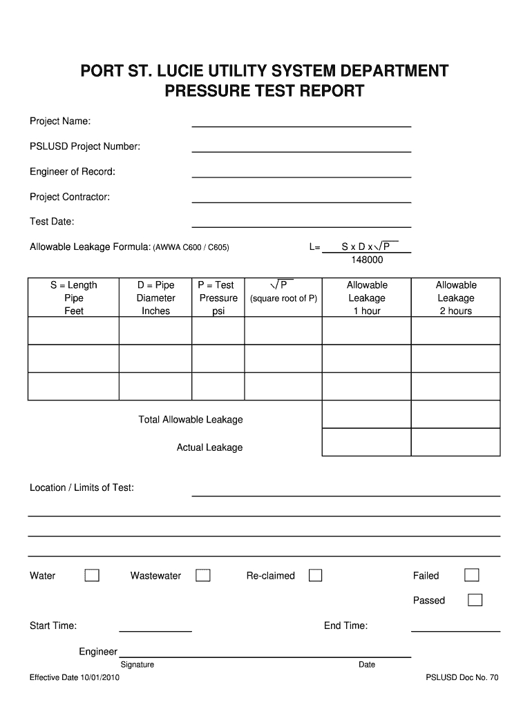 Sewe Line Pressure Test Form - Fill Online, Printable Throughout Hydrostatic Pressure Test Report Template