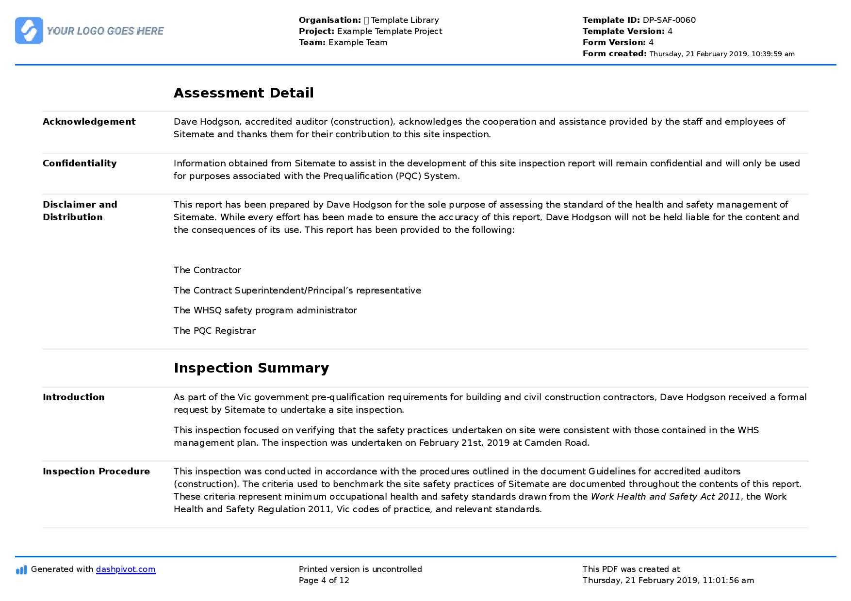 Site Inspection Report: Free Template, Sample And A Proven Pertaining To Property Management Inspection Report Template