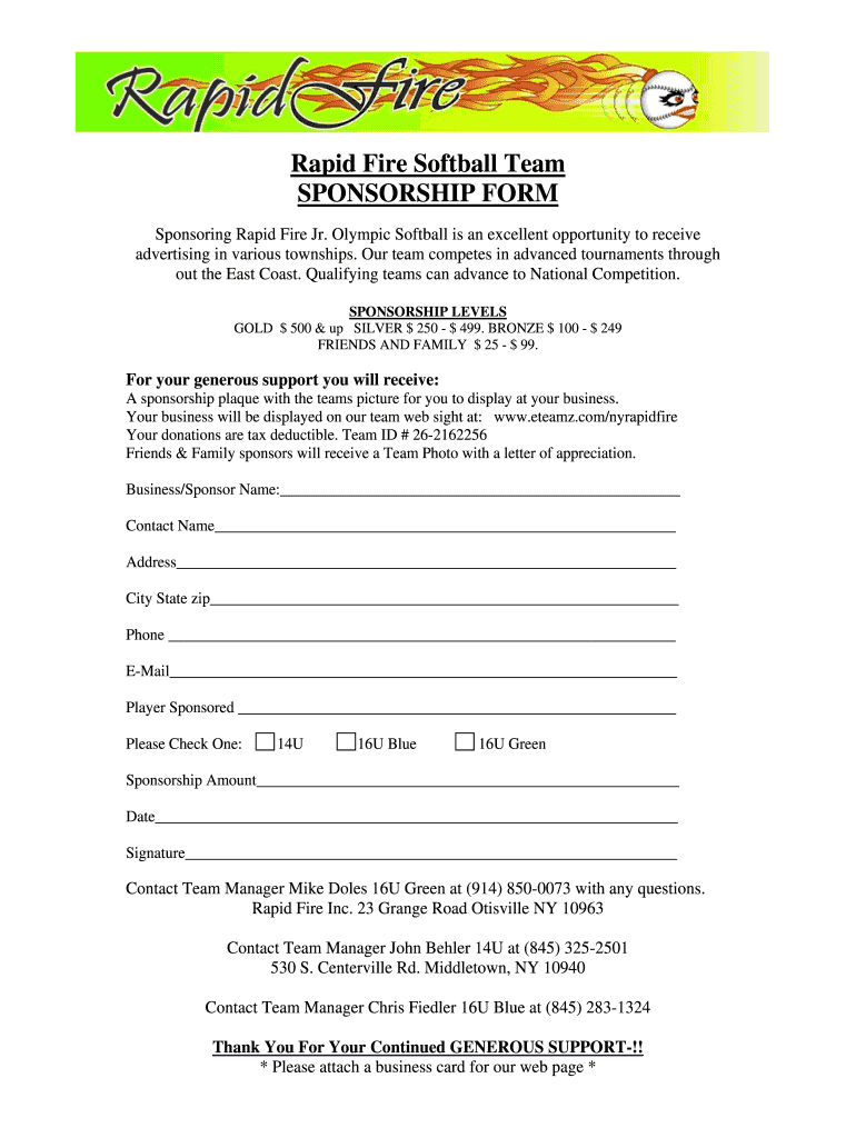 Softball Sponsorship Form – Fill Online, Printable, Fillable Regarding Blank Sponsorship Form Template