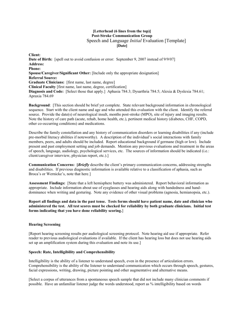 Speech And Language Initial Evaluation [Template] Intended For Speech And Language Report Template