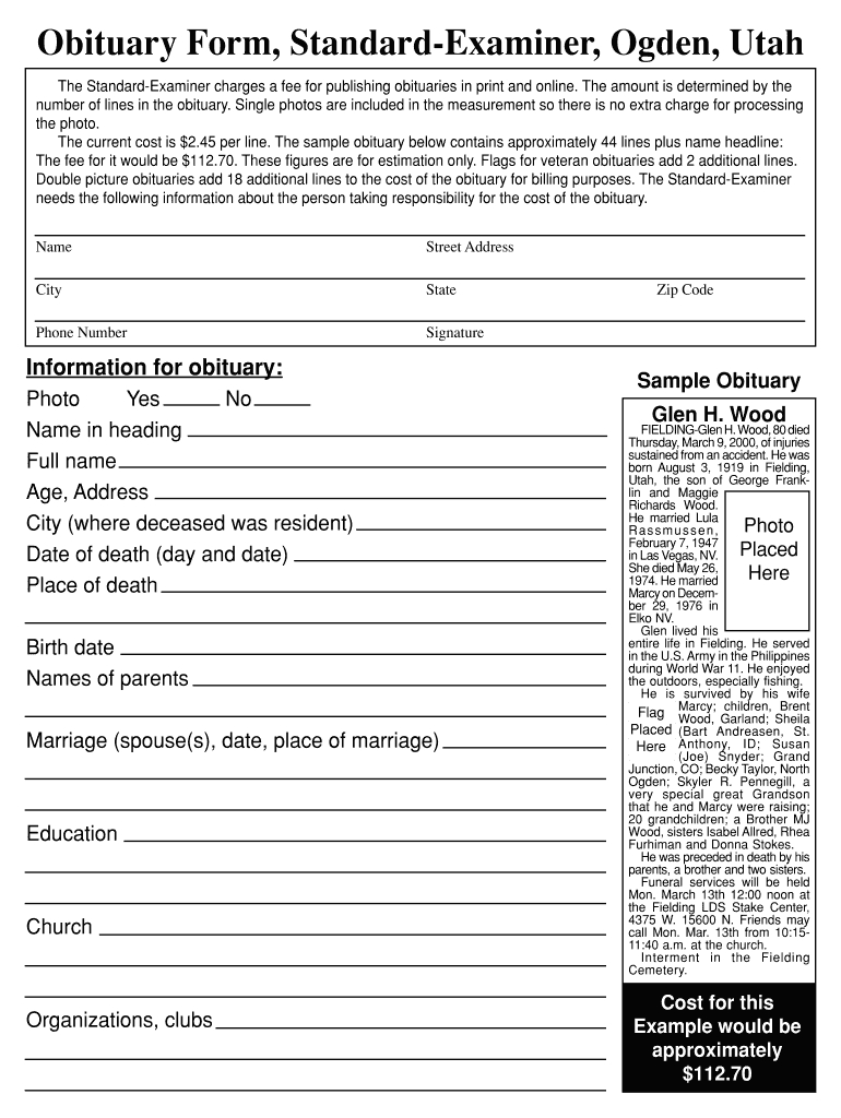 Standard Examiner Obituaries – Fill Online, Printable With Fill In The Blank Obituary Template