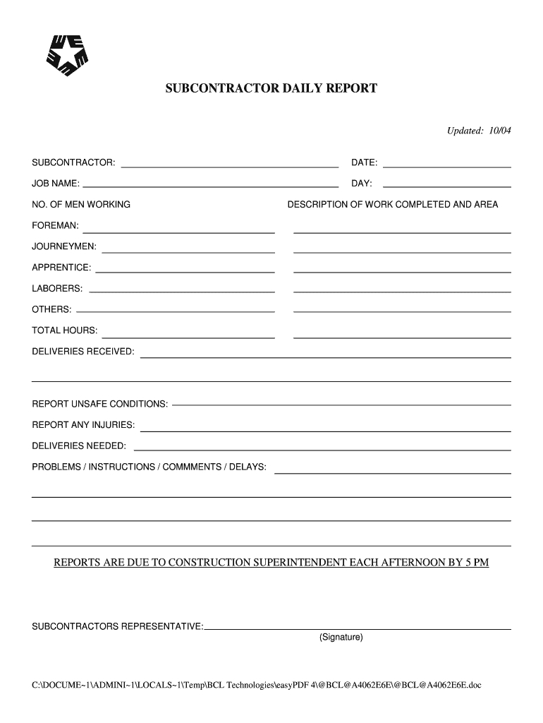 Subcontractor Daily Report - Fill Online, Printable With Superintendent Daily Report Template
