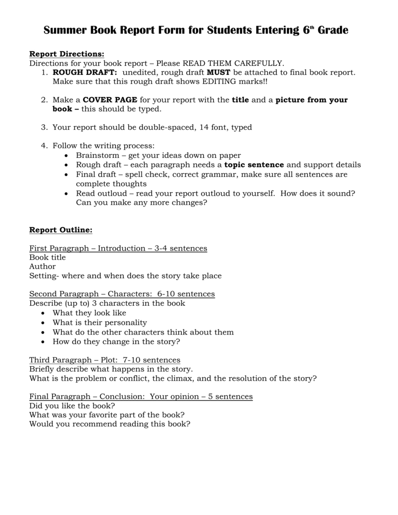 Summer Book Report Form For Students Entering 6Th Grade With Book Report Template 6Th Grade