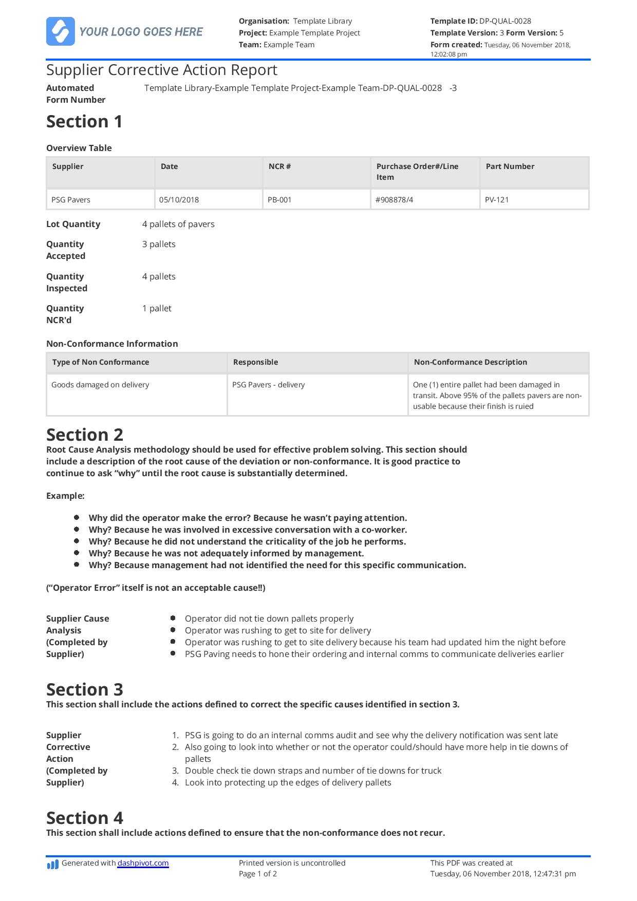 Supplier Corrective Action Report Template: Improve Your In Corrective Action Report Template