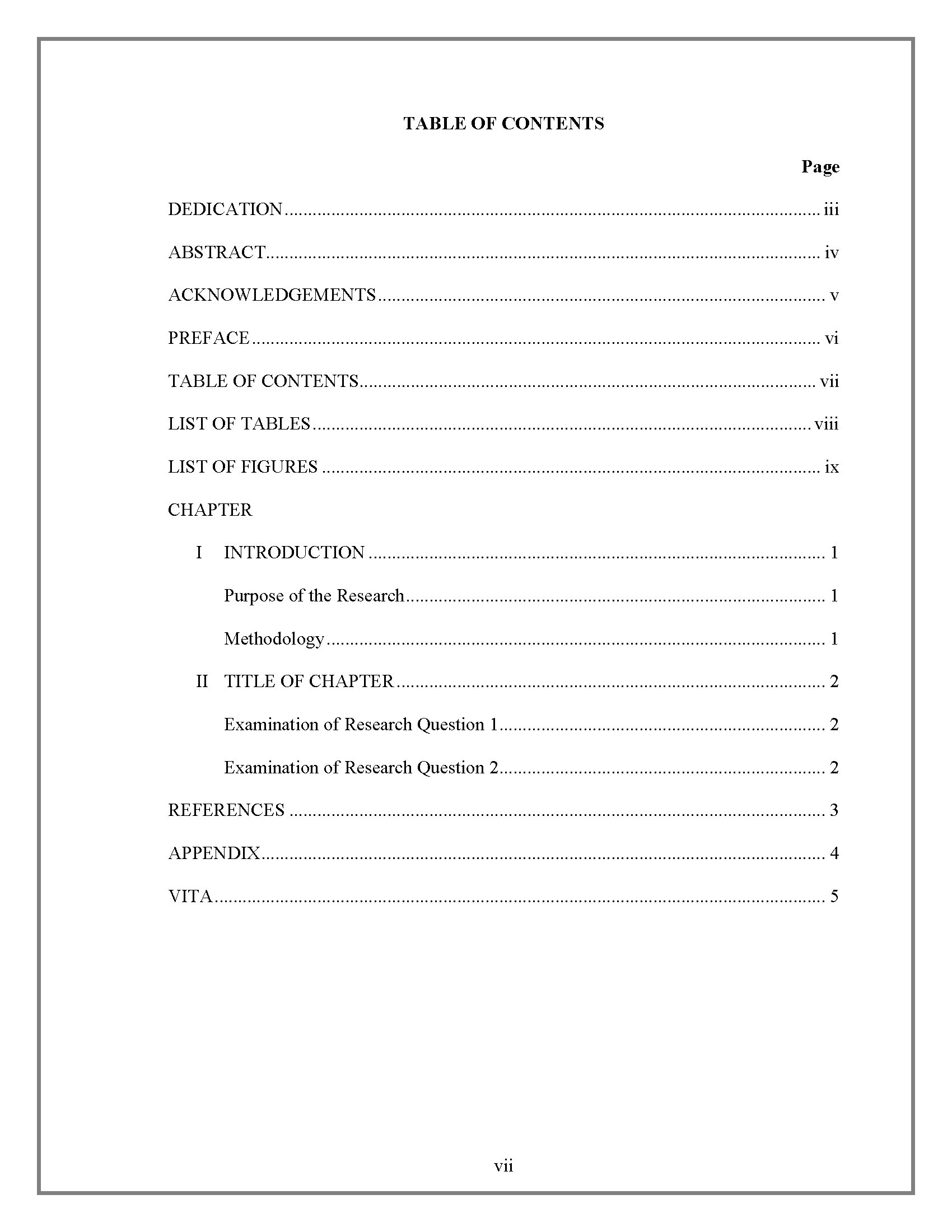 Table Of Contents – Thesis And Dissertation – Research Inside Report Content Page Template
