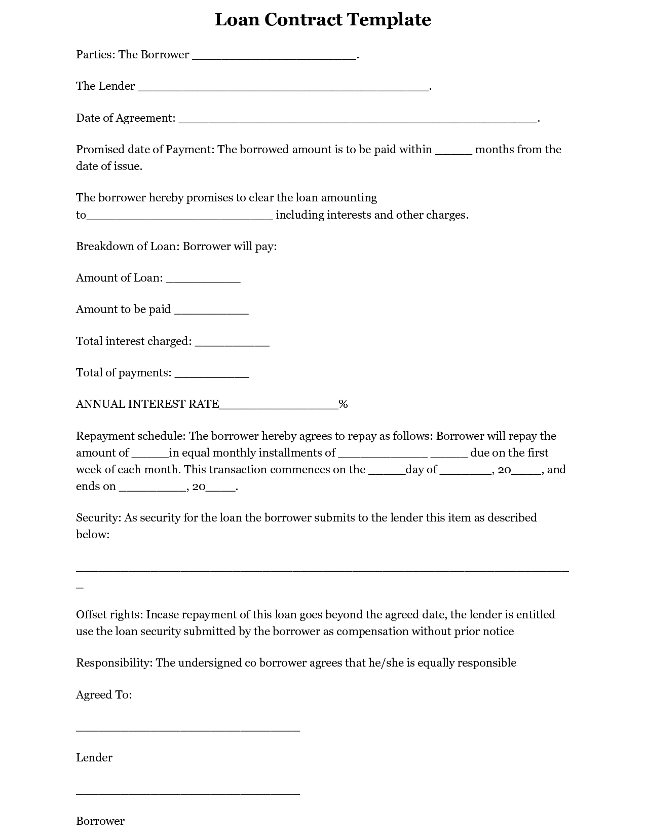 Terrific Blank Loan Contract Or Agreement Template Sample With Regard To Blank Loan Agreement Template
