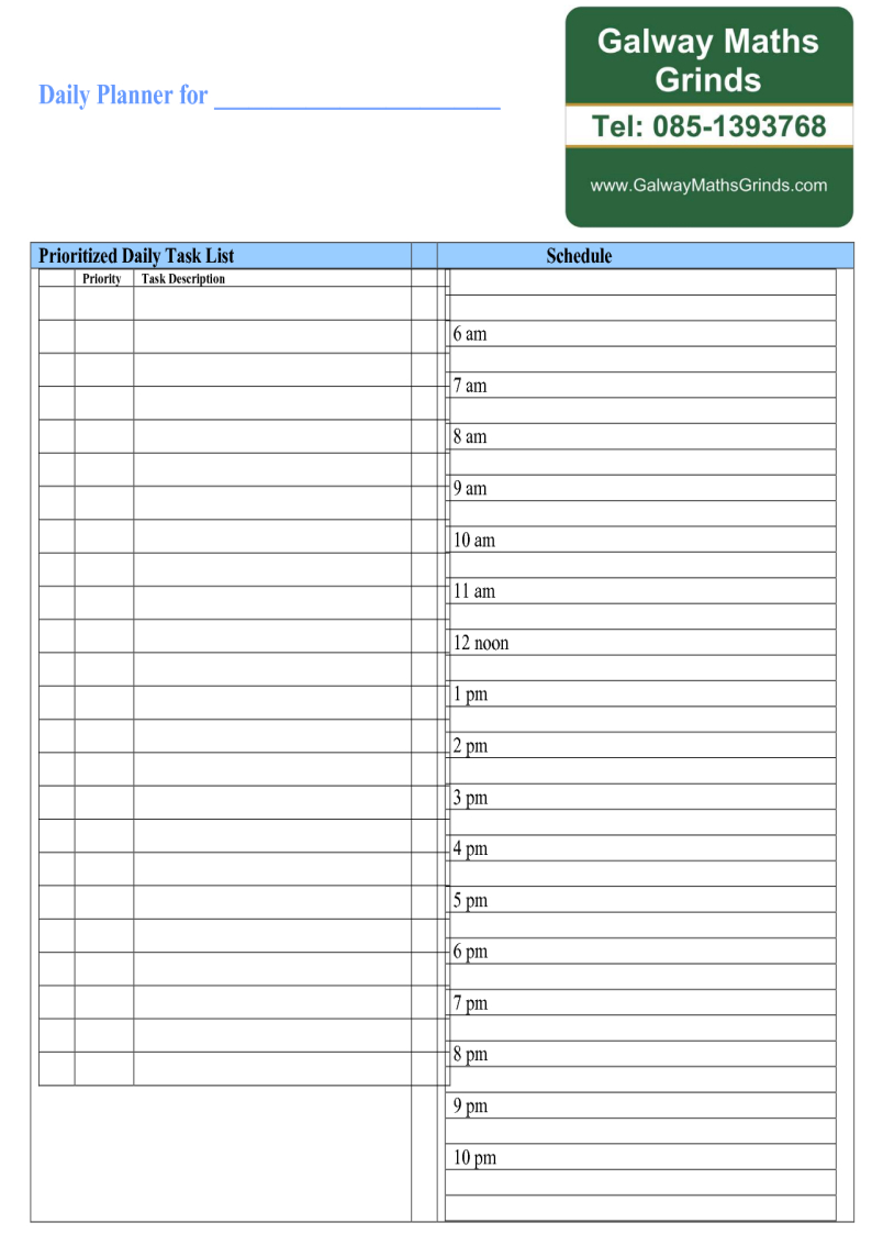 Time Table Templates | Galway Maths Grinds In Blank Revision Timetable Template