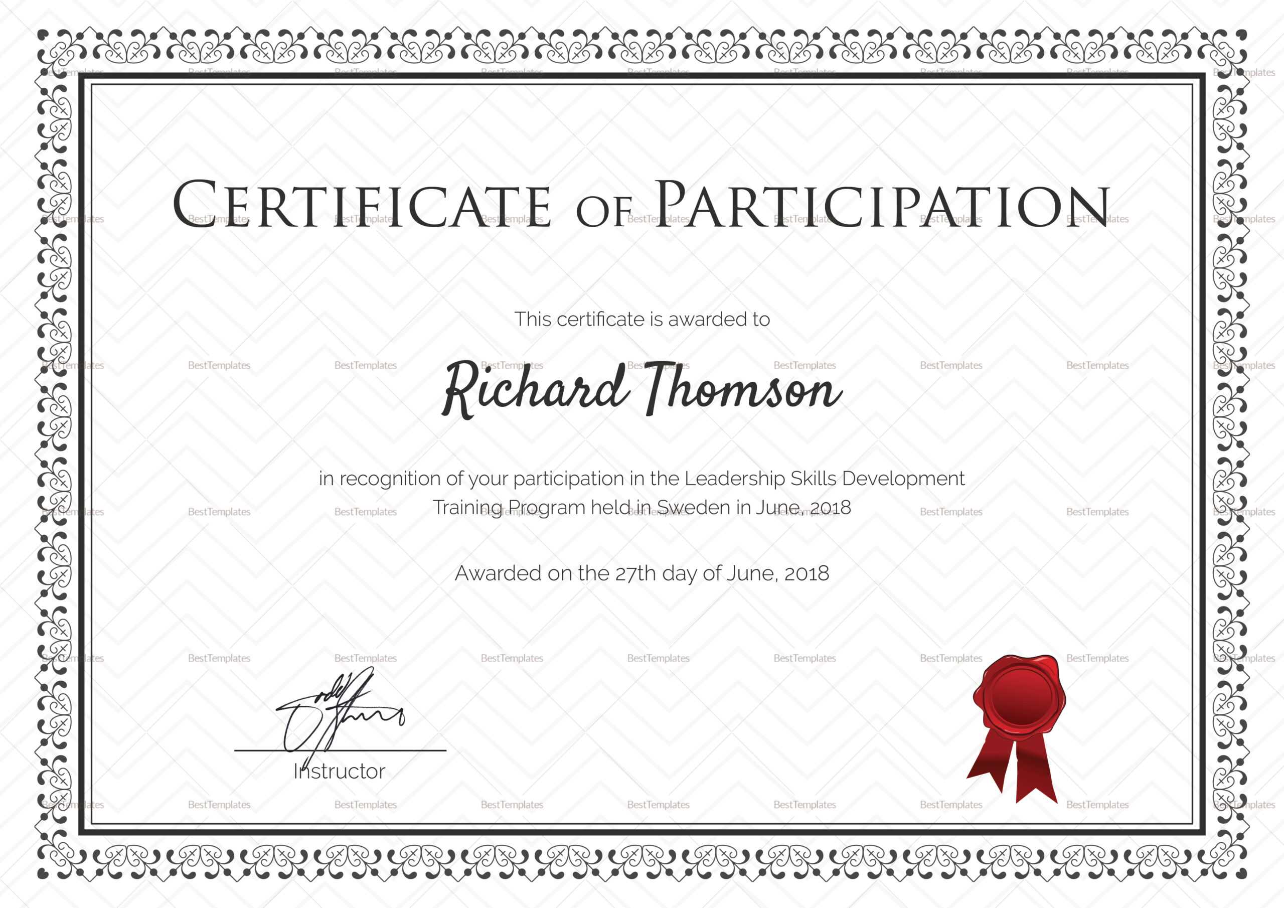 Training Participation Certificate Template Throughout Certificate Of Participation Template Word