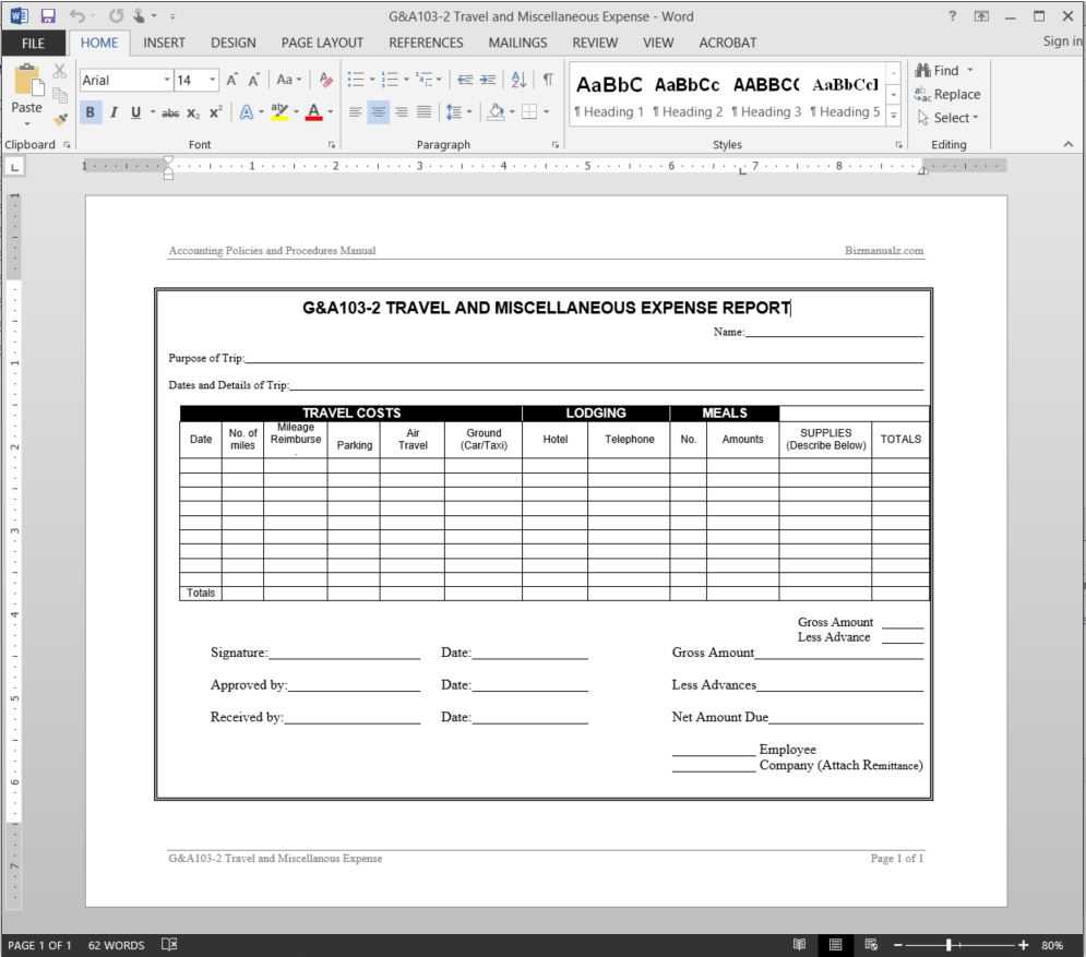 Travel Miscellaneous Expense Report Template | G&a103 2 Within Microsoft Word Expense Report Template