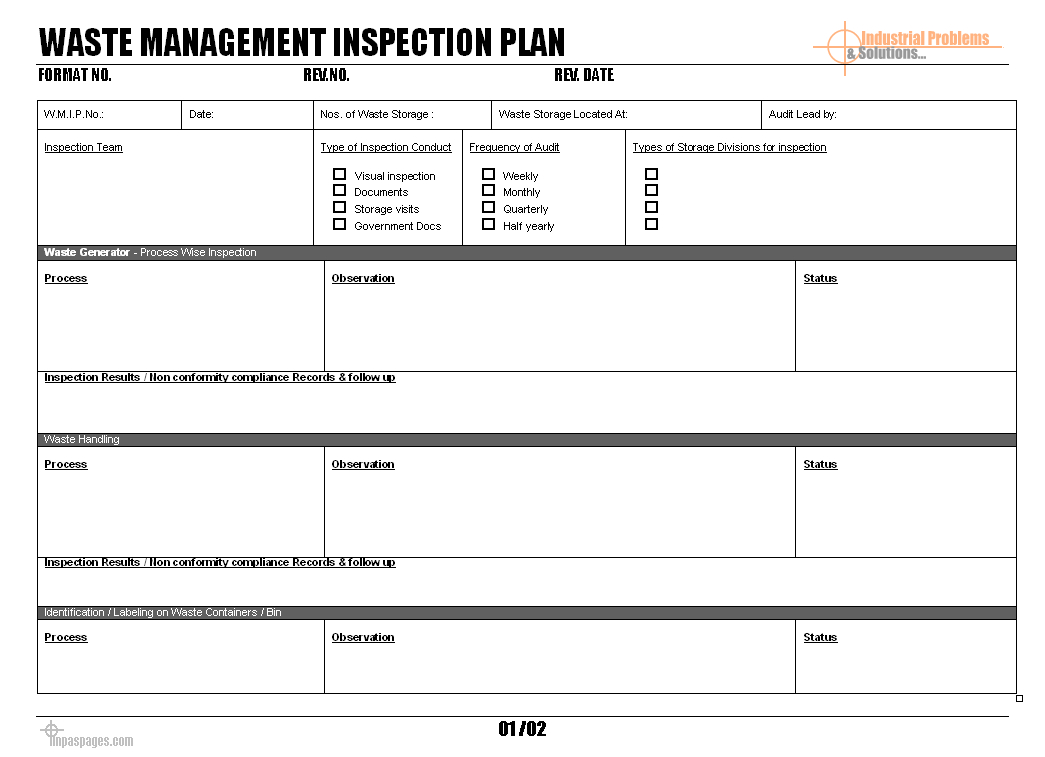 Waste Management Inspection Plan - Pertaining To Waste Management Report Template