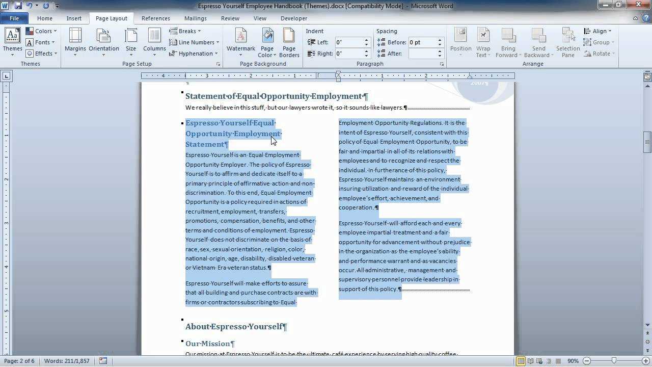Word 2010  Apply Columns To A Portion Of A Document Pertaining To 3 Column Word Template