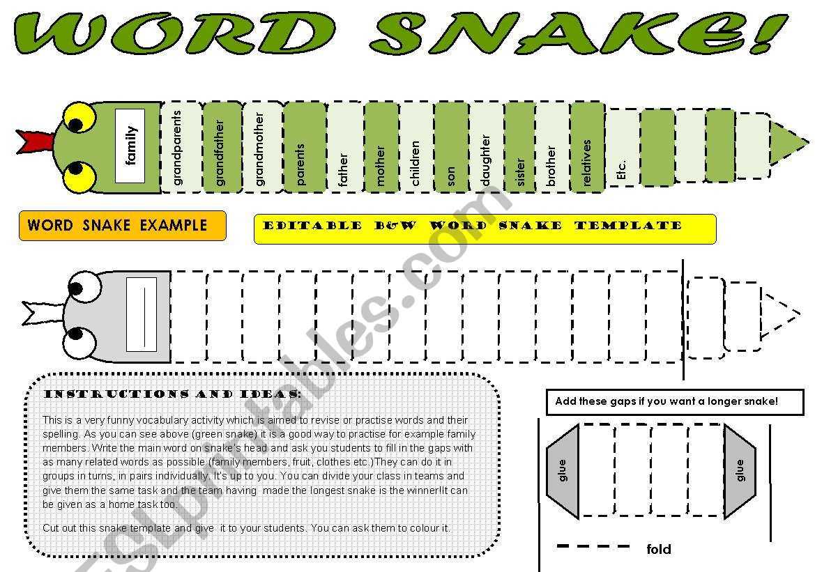 Word Snake – Fun Vocabulary Activity With Editable B&w Throughout Vocabulary Words Worksheet Template